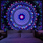 Amonercvita Blacklight Tapestry Trippy Mandala Tapestries UV Reactive Galaxy Stars Tapestry Psychedelic Neon Tapestries Wall Hanging Hippie Black Light Poster for Bedroom - size: 59.1"L x 78.7"W