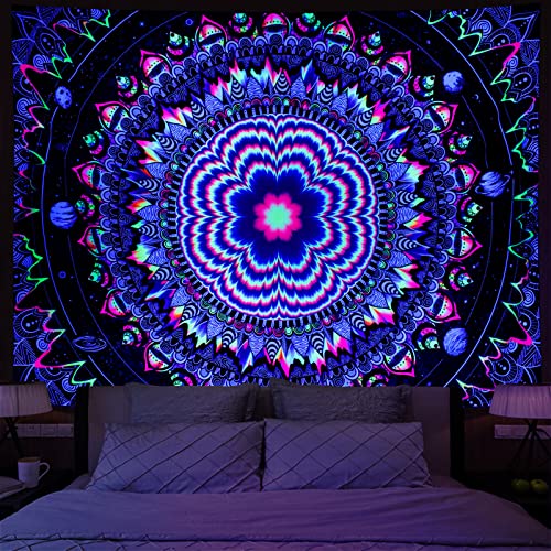 Amonercvita Blacklight Tapestry Trippy Mandala Tapestries UV Reactive Galaxy Stars Tapestry Psychedelic Neon Tapestries Wall Hanging Hippie Black Light Poster for Bedroom - size: 59.1"L x 78.7"W