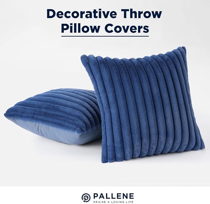 Pallene Faux Fur Plush Throw Pillow Covers 22x22 Set of 2, Luxury Soft Fluffy Striped Decorative Pillow Covers for Sofa, Couch, Living Room, Navy Blue