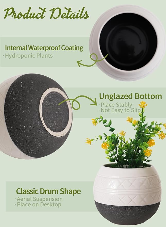 TAMAYKIM 6 Inch Ceramic Hanging Plant Pot with Macrame Plant Hanger & Hooks, Drum Shape Small Flower Planter for Indoor Outdoor, Balcony Garden Decor, White with Grey