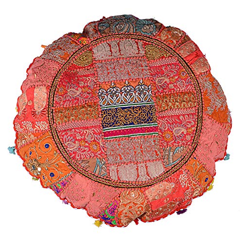 Rajasthani Handmade 32" Round Colorful Decorative Floor Pillow Cover Meditation Patchwork Patchwork Cushion Seating Accent Boho Chic Indian Handmade Cover ONLY(32" Orange) - color: Orange
