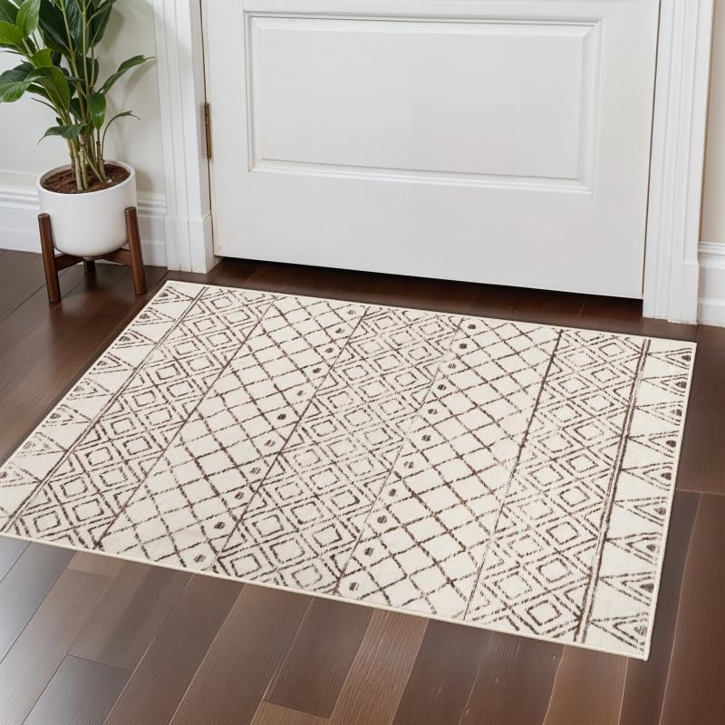 Small Rug 2x3 Washable - Moroccan Kitchen Area Rugs Low Pile Indoor Mat Non Slip with Rubber Backing Soft Area Rug Pet Friendly for for Entryway Front Door Bedroom 2x3 Geo Beige - color: Geo Beige, size: 2' x 3' (Rectangular)