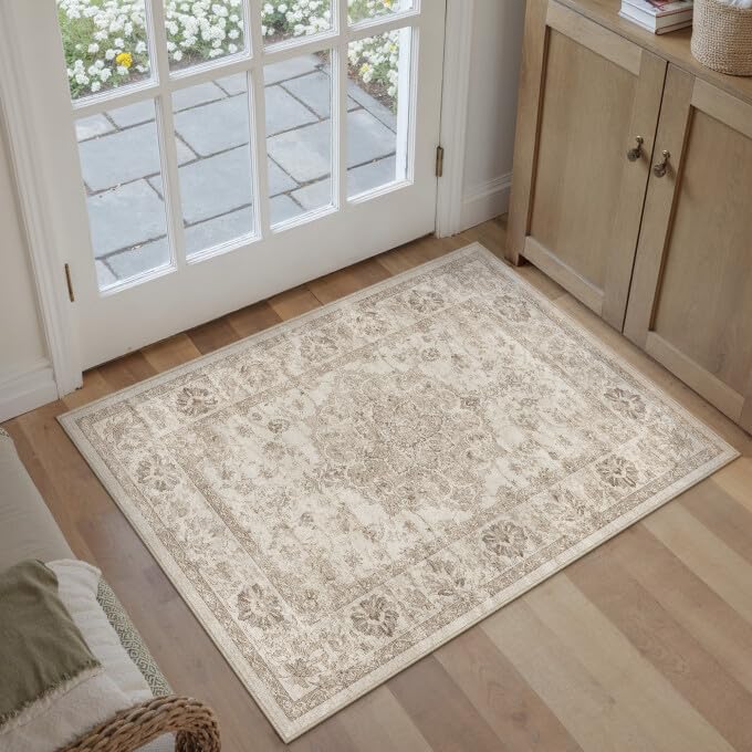 PureCozy Washable Entryway Rug 2x3 Beige Neutral Vintage Door Mat Soft Low Pile Carpet Non Slip Distressed Small Throw Rug for Hallway Kitchen Bedroom Office Bathroom Laundry - color: Beige, size: 2' x 3' (Rectangular)