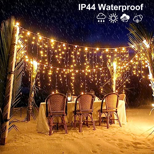 132ft Icicle Lights for Outside - 1280 LED Warm White Twinkle Lights with 240 Drops, 8 Modes Plug in Waterproof Timer Memory. Cannot be Extended. The Plug is in the Middle (66ft+66ft) - color: Warm White, size: 1280LED/132ft