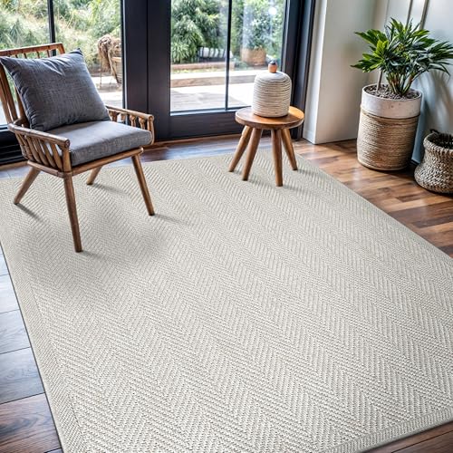 CAMILSON Easy Jute Rug 4x6, Indoor Outdoor Off-White Color Fiber Area Rugs for Living Room Patio and Kitchen Rug Herringbone Seagrass Woven Design Easy-Cleaning Washable Outside Carpet Alfombras 4 x 6 - color: Herringbone/Bone, size: 4' x 6' (Rectangular)