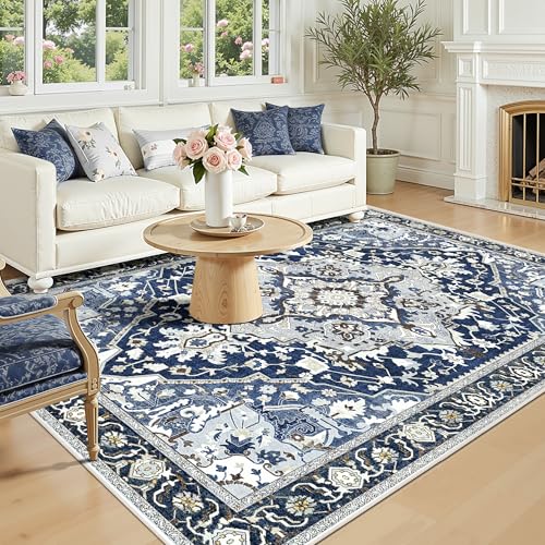 6x9 Dark Blue Boho Living Room Rug - Modern Floral Low-Pile Carpet for Dining Room Under Table - Lightweight Washable Foldable Bedroom Decor, Navy Blue Multi - color: Navy Blue& Multi, size: 6' x 9' (Rectangular)