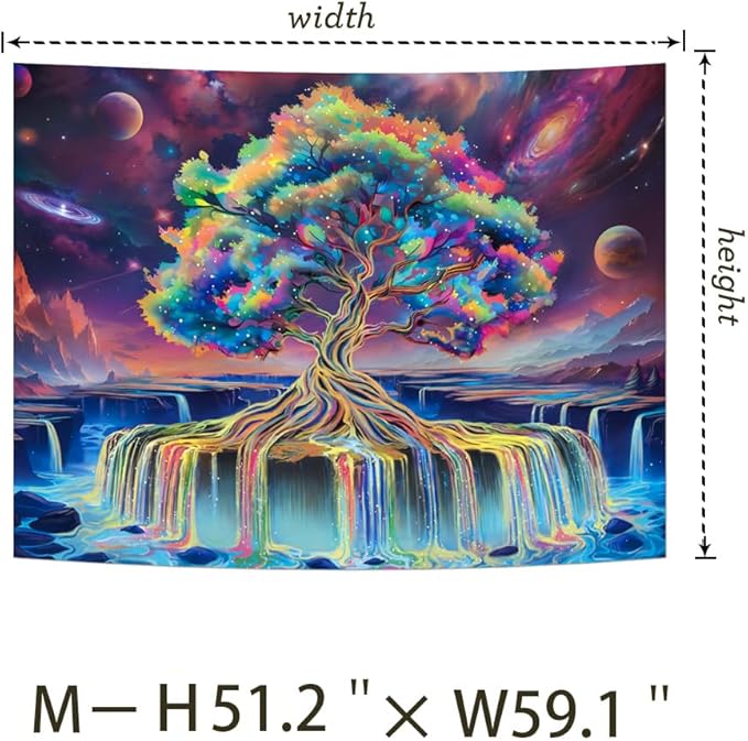 Obsecolors Blacklight Tree of Life Tapestry UV Reactive Waterfall Tapestry Galaxy Space Aesthetic Tree Wall Tapestries Colorful Starry Sky Tapestries Wall Hanging for Bedroom