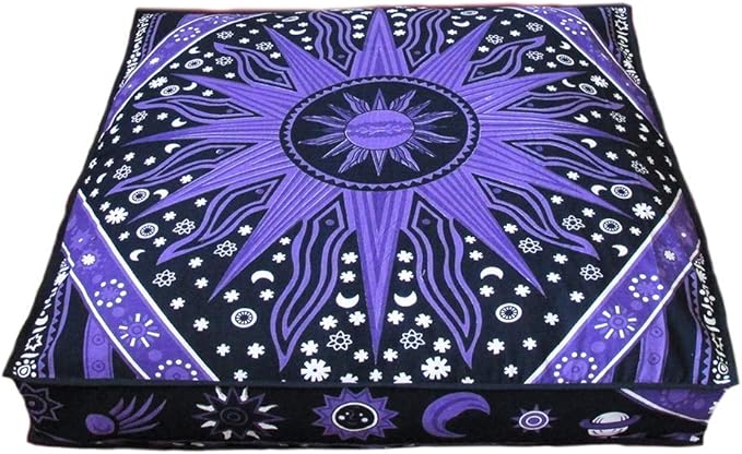 CRAFT KALA Mandala Floor Pillow Cushion Cover Seating Throw Cover Hippie Decorative Bohemian Ottoman Poufs Pom Pillow Cases Boho Indian Cotton Living Room Yoga Home Décor 24" Square Purple Burning sun