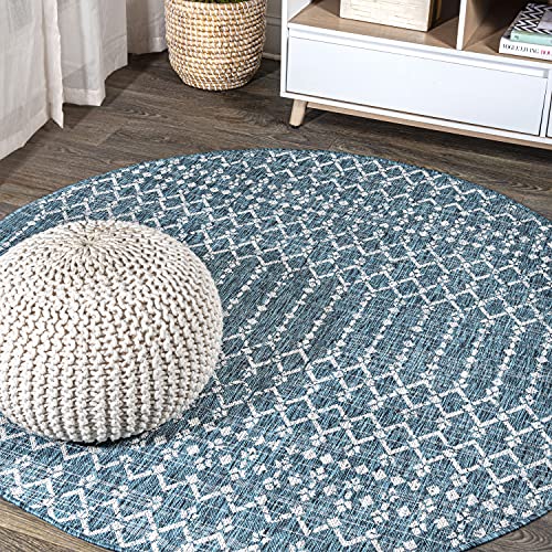 JONATHAN Y Moroccan Geometric Indoor Outdoor Round Area Rug 3 Ft Teal/Gray, Ourika Textured Weave for Backyard, Patio, Porch, Easy-Cleaning, High Traffic, Pet-Friendly, Non-Shedding (SMB108C-3R) - color: Teal/Gray, size: 3'1" (Round)