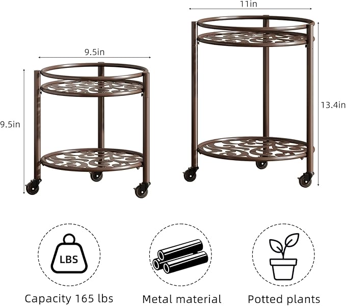 2 Tier Rolling Plant Stand with Wheels, Mid Century Modern Metal Stand for Planters, 2 Sizes 9 Inch & 11 Inch, Indoor Outdoor Movable Flower Pot Holder for Decor Home Garden Patio Load Bearing 165 LB 2 Pack Coffee
