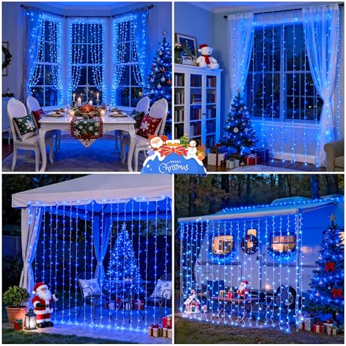 JMEXSUSS 300LED Blue Curtain Lights, Christmas Lights with Remote, Hanging String Lights for Bedroom Wall Window Backdrop Garden Indoor Outdoor Patio Yard Decorations, 9.8x9.8ft - color: Blue, size: 300 LED