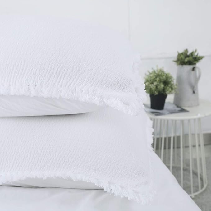YINFUNG Quilted Pillow Sham White Standard Set of 2 Muslin Cotton Tassel Fringe Pillowcases Matelasse Boho Decorative Textured Gauze Moroccan Thin Soft 20×26 Bright White