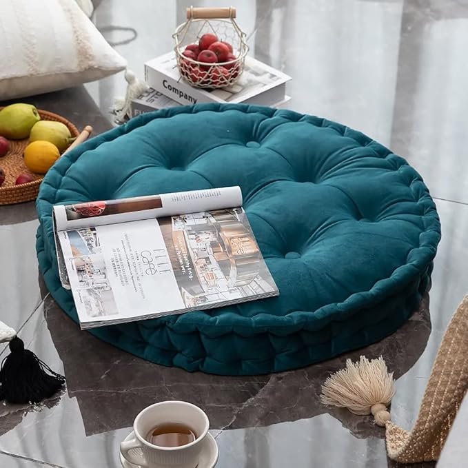 Floor Pillow Seating Round Pouf Meditation Cushion Tufted Bench Chair Cushion Soft Thicken Velvet Tatami Mat Seat Pads Floor Cushions Sitting Pillow for Living Room Indoor Outdoor 24" x 24", Teal