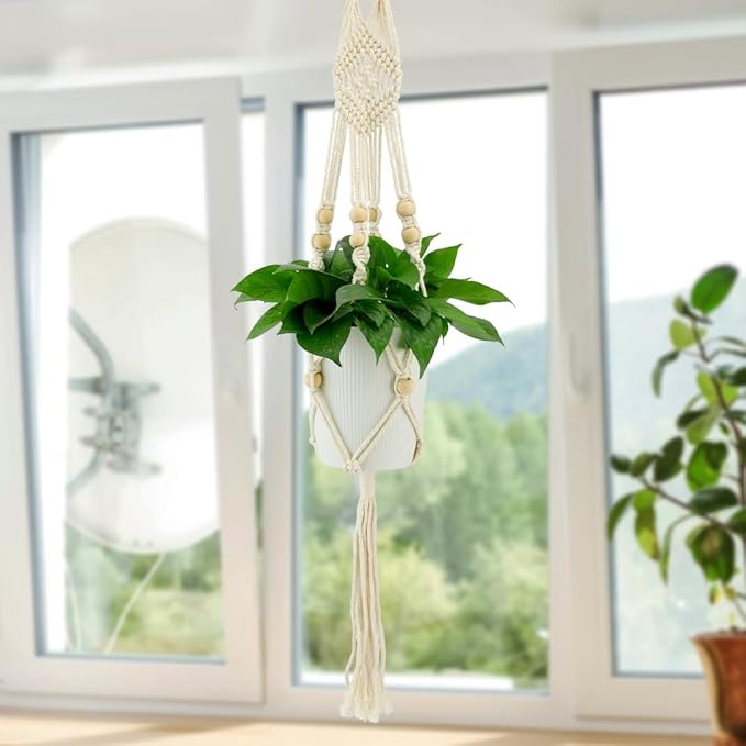 Hanging Planter, Macrame Plant Hanger, Indoor/Outdoor, Large, White, Round, Boho Style