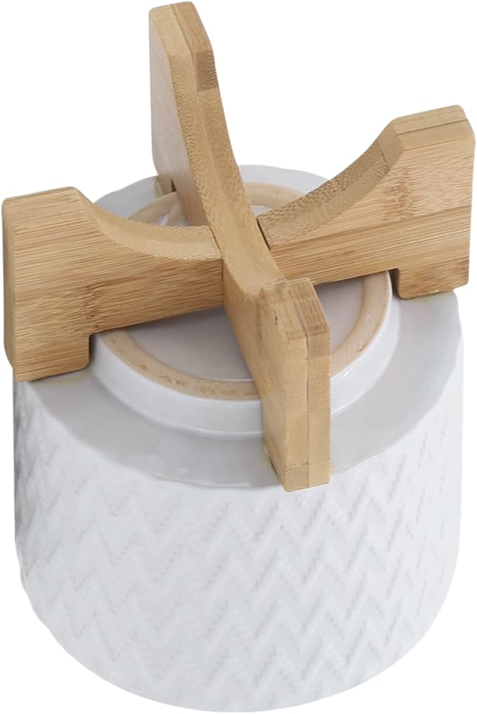 Ceramic Planter with Elevated Stand – Bamboo Indoor Plant Stand, Display for Greenery, Shelf or Patio Placement – Textured Round Design for Sculptural Height, Home Decor, Outdoor Decor – 8", White