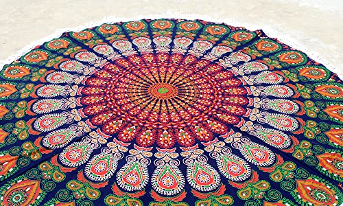 Mandala Round Beach Tapestry Boho Hippie Blanket Bohemian Large Table Cloth Home Decor Yoga Mat Meditation Picnic Rug Throw Hippy Gypsy Tablecloth Roundie (42 Inches, Orange And Green) - color: Orange And Green, size: 42"L x 42"W