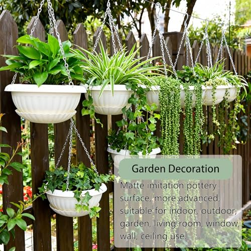 summer flower 3 Pack Large Hanging Planters 12.59in Plastic Plant Pots with Drainage Holes & Trays for Indoor Outdoor Garden Wall Window Decor (White) - color: White-xpots
