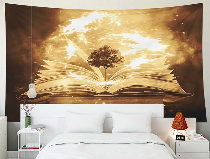 EMMTEEY Vintage Book Ceiling Tapestry 92.5X70.9 Inch - Knowledge Tree Living Room Wall Decor Dark Academia Witchy Backdrop for Study Room Office