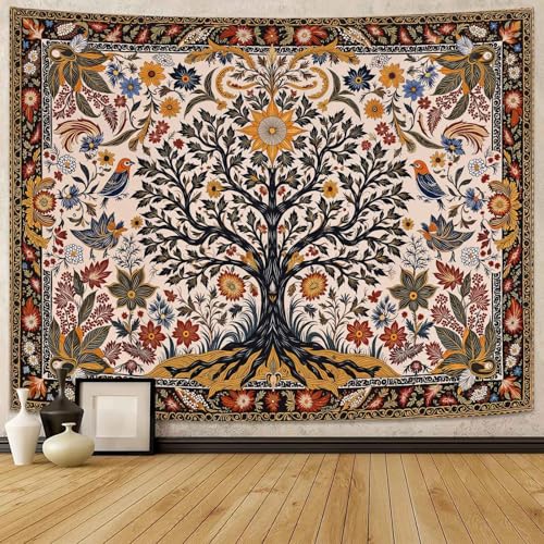 Lunerfex Folk Art Wall Tapestry - Tree of Life with Sun and Bird Wall Hanging for Bedroom and Living Room - Boho Floral Tapestries 60"x44" - color: Black Ivory, size: 60"L x 44"W