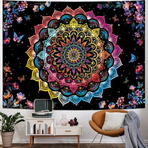 Heopapin Blacklight Tapestry Trippy Galaxy Mandala Tapestries UV Reactive Butterflies Flower Wall Hanging Tapestry for Bedroom Living Room 78.7L x 59.1W - size: 78.7"L x 59.1"W