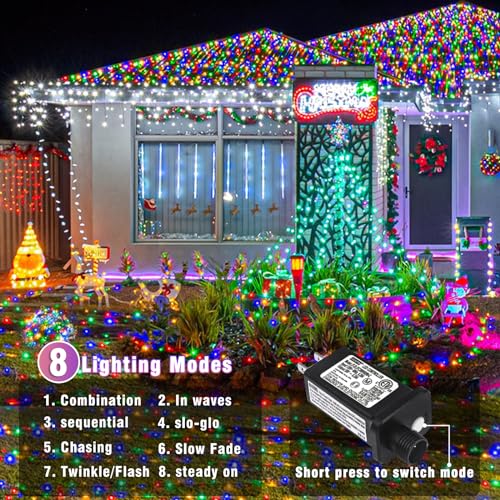 66FT 200 LED Outdoor String Lights, Plug in Connectable Christmas Lights Indoor Waterproof, 8 Modes Twinkle Fairy Lights Clear Wire for Outside Bedroom Garden Party Holiday Decorations, Multicolor - color: Multicolor, size: 66ft 200LED