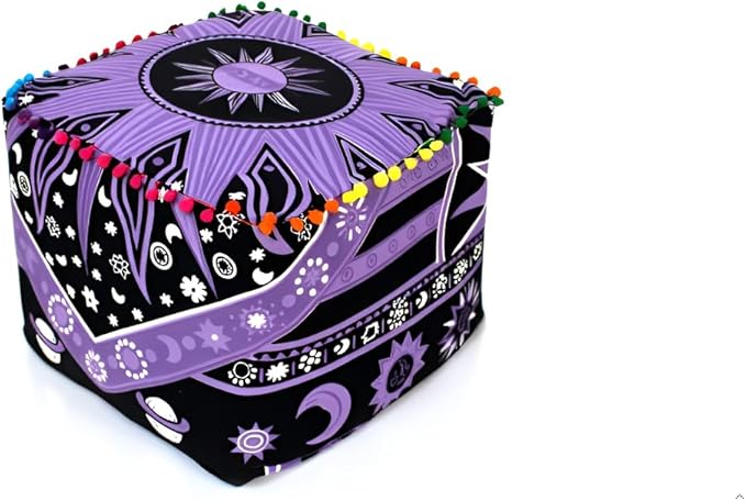 CRAFT KALA Large Hippie Mandala Meditation Floor Ottoman Pillow Cushion Pouf Cover Square Poufs Cover Bohemian Circle Floor Cushion Cover Outdoor Living Room Decor 22X22X14 inches, Purple Burning Sun