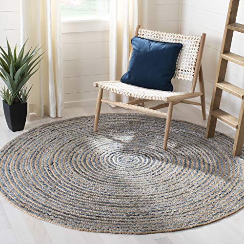 SAFAVIEH Cape Cod Collection Area Rug - 6' Round, Natural & Blue, Handmade Flat Weave Jute, Ideal for High Traffic Areas in Living Room, Bedroom (CAP250A) - size: 6' (Round)