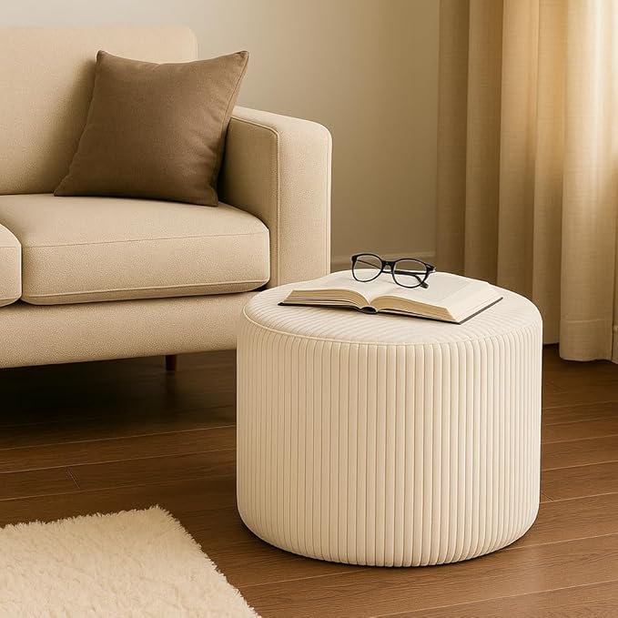 Round Pouf Ottoman and Foot Rest, Soft Corduroy Poufs with Foam Filling, Comfort Sponge Stuffed Poofs for Couch Desk Resting Your Feet, White