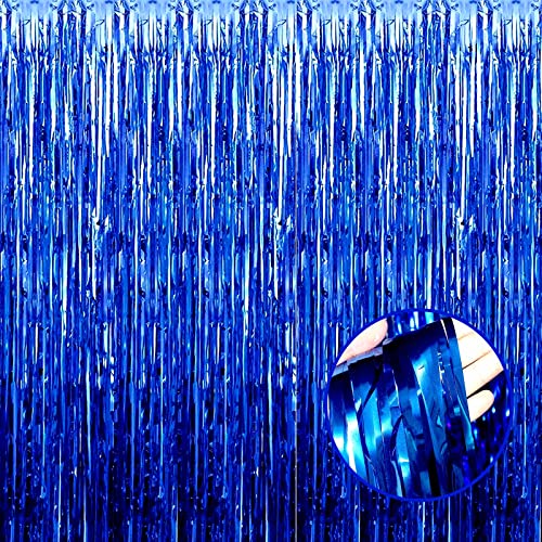 4 Pack Blue Foil Fringe Curtain Backdrop, 3.28Ftx8.2Ft Metallic Tinsel Streamers for Sea Party, Photo Booth Props, Birthday, 2022 Summer Ocean Theme Party Decoration Supplies - color: Blue