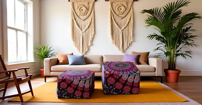 CRAFT KALA Indian Square Patchwork Traditional Pouf Cover Indian Living Room Poufs Cover Decorative Designer Ottoman Home Living Footstool Chair Cover Ottoman Decor 20X20X14 inches, Pink Mirchi