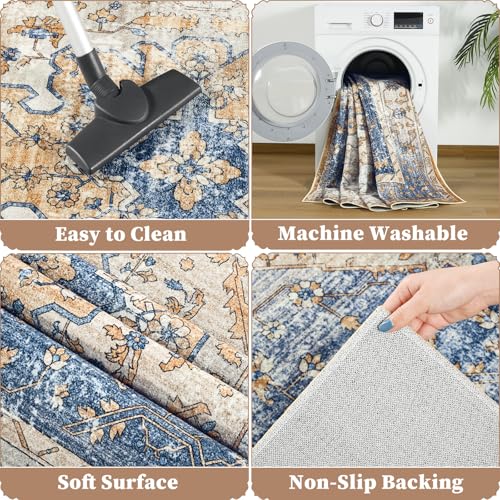 Amearea Vintage Design Area Rugs for Living Room, 4x6 Machine Washable Floral Collection Traditional Bedroom Rug, Low Pile Kids Room Print Carpet, No Slip Office Kitchen Home Decor, Blue and Orange - color: Blue/Orange, size: 4' X 6' (Rectangular)