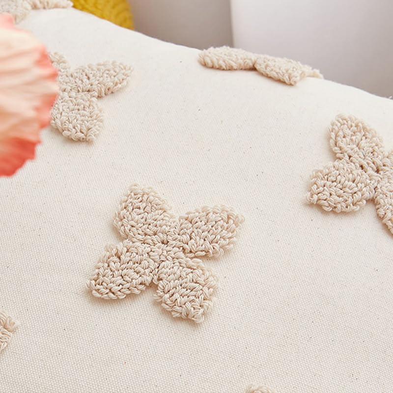 Beautiful Embroidery Four-Leaf Flower Throw Pillowcase Soft Woven Cotton Canvas Accent Pillow 12x20 Inch Tufted Clover Decorative Pillowcase with Cross Stitch for Preppy Stuff Room 1PCS (Cream Beige)