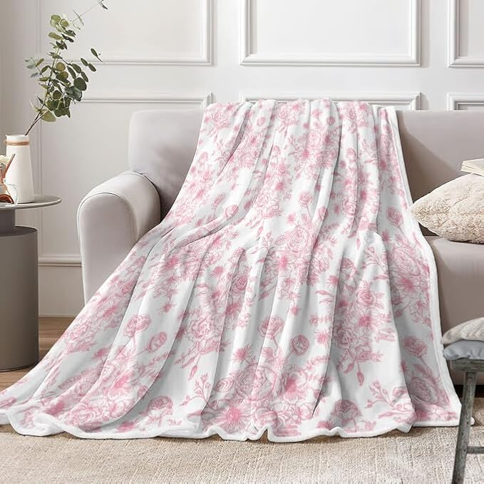 Floral Throw Blanket, Botanical Floral Blanket, Soft, Flannel, Warm, Boho Floral Bed Blanket All Season Flower Throw Blanket for Couch Bedroom Living Room, Pink 50X70 Inch