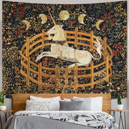Yeoiat Unicorn Tapestry Medieval Wall Tapestry, Moon Tapestries for Bedroom Art Tapestries Wall Hanging for Bedroom Living Room 44"x60" - color: Ivory, size: 60"L x 44"W