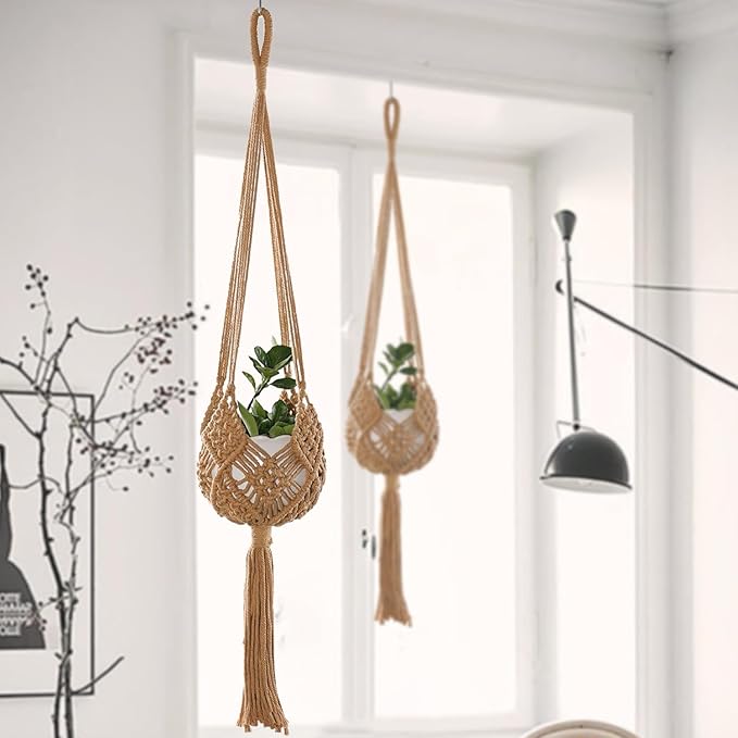 2-Pack Macrame Plant Hangers, Jute Hanging Planters for Indoor Plants for up to 8 Inch Pot Hanging Baskets Boho Plant Holder Basket for Outdoor Home, Handwoven, 35 Inchs