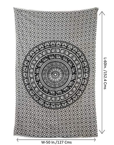 RAJRANG Boho Small Mandala Tapestry 60x50 Inches Black and White Aesthetic Elephant Tapestries Hippie Bohemian Cotton Wall Hanging Decor - color: Black & White, size: 60"L x 50"W