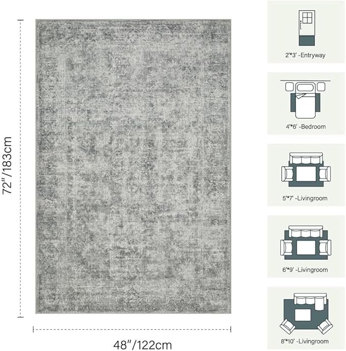 4x6 Area Rugs for Living Room Bedroom, Large Washable Rug, Grey Vintage Abstract Boho Rug, Non Slip & Low Pile Wool Carpet for Indoor Dining Room, Farmhouse, Kids Room and Office(Grey 4x6ft)