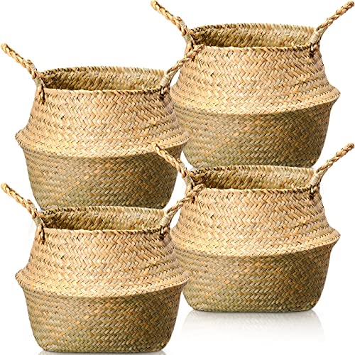 Qunclay 4 Pcs Woven Seagrass Baskets Belly Basket Folding Boho Natural Plant Pot with Handles Round Decorative Wicker Large Indoor Planter for Home Outdoor Tree Planters Decor (M,8.46''dx8.66''h) - size: M,8.46''Dx8.66''H