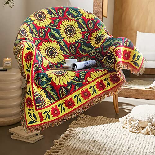Red Sunflower Throw Blanket with Fringe Boho Throw Blankets Recliner Chair Couch Sofa Cover Woven Reversible Cotton Bohemian Tapestry Hippie Room Home Decor Double Side 50"x70" - color: Red Sunflower, size: 50x70inch