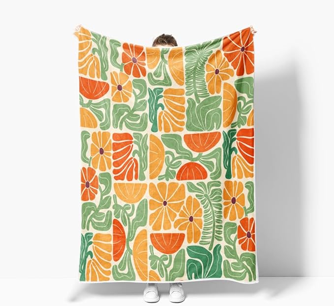 Boho Abstract Colorful Floral Throw Blanket, Vintage Retro Patchwork Orange Green Flower Botanical Geometric Aesthetic Groovy Flannel Throw Blanket for Chair Bed Sofa Couch, 50X60IN