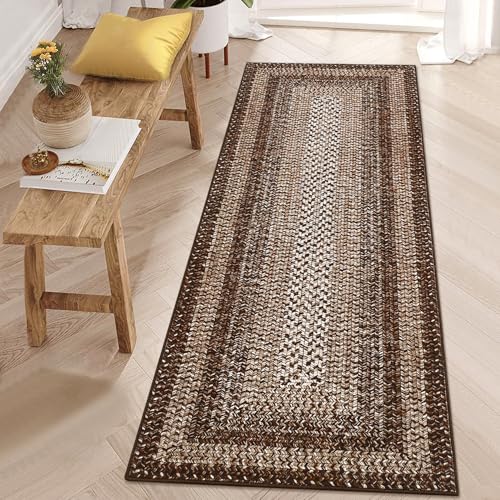 RUGSREAL Runner Rug 2x8 Machine Washable Hallway Runner Rug Entryway Long Runner Carpet Braided Printed Throw Mat Non Slip Kitchen Mat Living Room Rustic Carpet for Bedroom Dining Room, Brown - color: Brown, size: 2' x 8' (Runner)