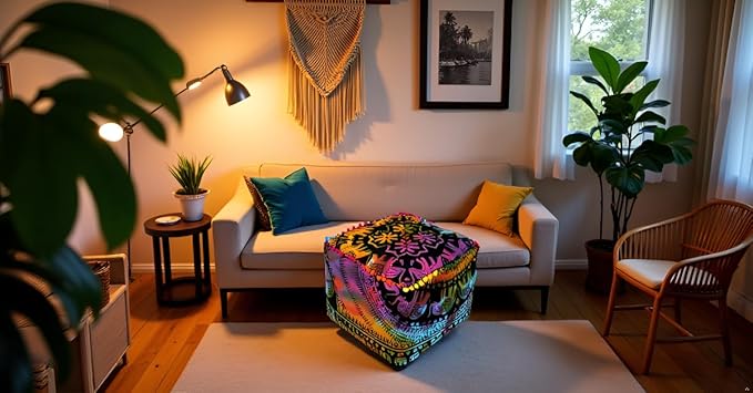 CRAFT KALA Square Mandala Floor Pillow Cushion Cover Seating Throw Cover Hippie Decorative Bohemian Ottoman Poufs Cover Pillow Cases Cotton Living Room Home Décor 18X18X14 inch, Multi U.p Elephant