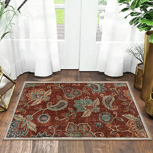 Morebes Floral Area Rug,2x3 Entryway Rug Non Slip, Washable Kitchen Rug Small Door Rugs for Entryway Indoor,Non Shedding Paisley Throw Carpet for Bedroom Bathroom Laundry Room, Red - color: Red, size: 2' x 3' (Rectangular)