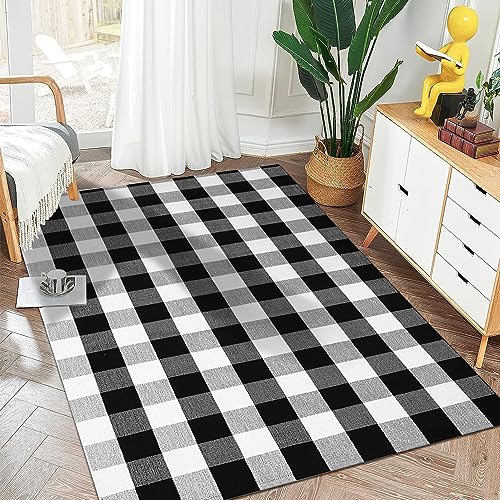 Buffalo Plaid Outdoor Rug 4'x6' Washable Black White Checkered Rug Indoor Outdoor Carpet Woven Cotton Door Mat for Front Porch, Kitchen, Bathroom, Entry Way, Living Room - size: 4'x6'