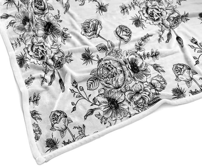 Floral Throw Blanket, Botanical Floral Blanket, Soft, Flannel, Warm, Boho Floral Bed Blanket All Season Flower Throw Blanket for Couch Bedroom Living Room, Black 60X70 Inch
