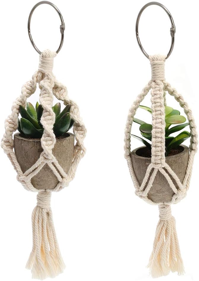 Mini Macrame Plant Hanger, 2 Pcs Plant Holder Car Charm, Handmade Car Rear View Hanging Planter Cotton Rope for Car Home Decorations, 4 Legs, 12 Inch