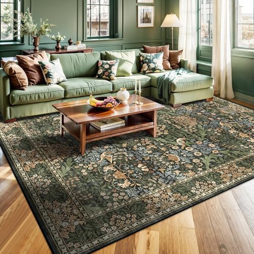 8x10 Floral Washable Area Rug for Living Room, Vintage Boho Large Rugs for Bedroom Dining Room, Botanical Birds Non Slip Low Pile Forest Throw Carpet for Farmhouse Office, Retro Gold/Green - color: Gold Green (Larger Pattern), size: 8' x 10' (Rectangular)