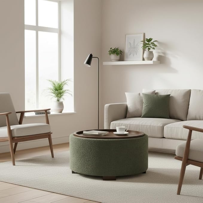 30 Inch Round Storage Ottoman Coffee Table, Modern Boucle Ottoman with Lift-Off Lid and Solid Wood Legs for Living Room, Bedroom, Corners, Apartments (Green)