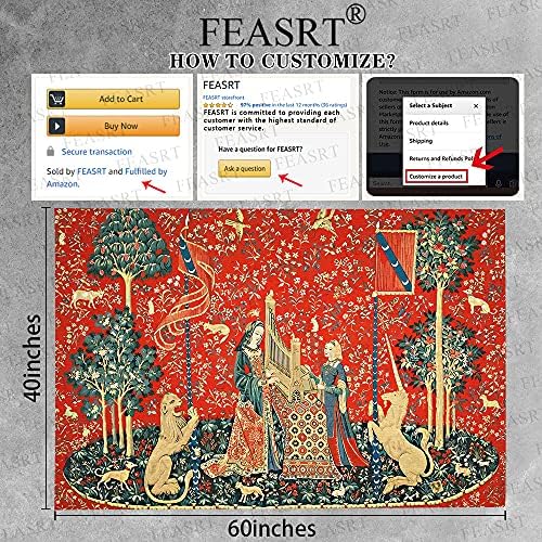 FEASRT Medieval Maiden and Unicorn Tapestry European Royal Tapestry Lion Tapestry, 60x40 Inches Soft Flannelette, Lady and Unicorn for Living Room Bedroom Dorm