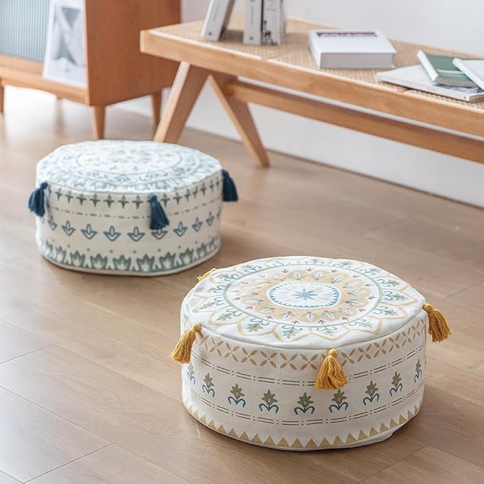 MOCOFO Unfilled Pouf Cover - Red & Gray Geometric Ottoman Footstool, Bohemian Floor Cushion Case with Tassels